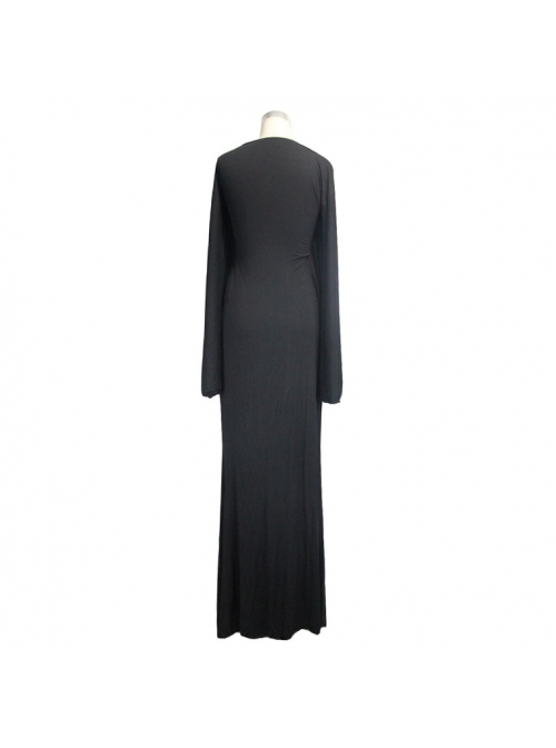 Gothic Style Simple Knitted Deep V Neck Front With Frog Button Black Bat Long Sleeve Dress