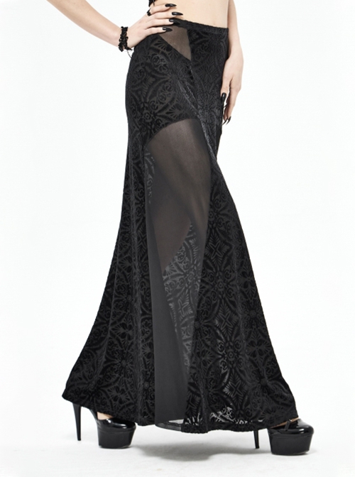 Gothic Style Gorgeous Velvet Pattern Splicing Slightly Transparent Elastic Mesh Fabric Front Center Cross Pattern Black Long Skirt