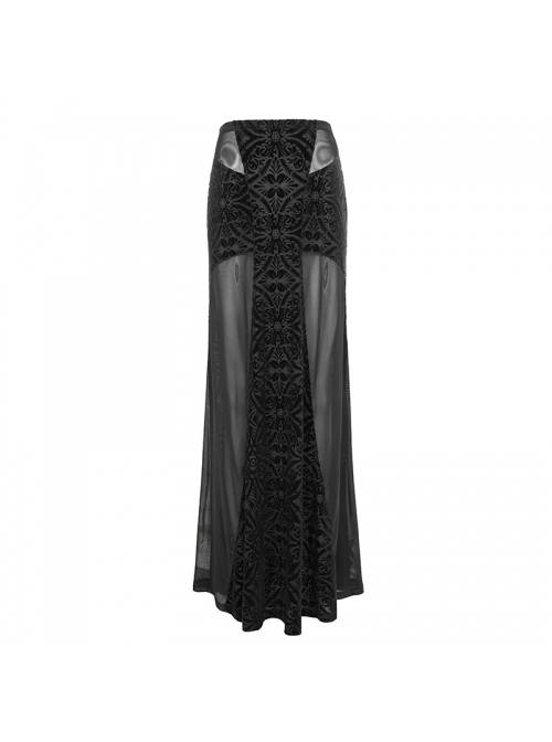 Gothic Style Gorgeous Velvet Pattern Splicing Slightly Transparent Elastic Mesh Fabric Front Center Cross Pattern Black Long Skirt