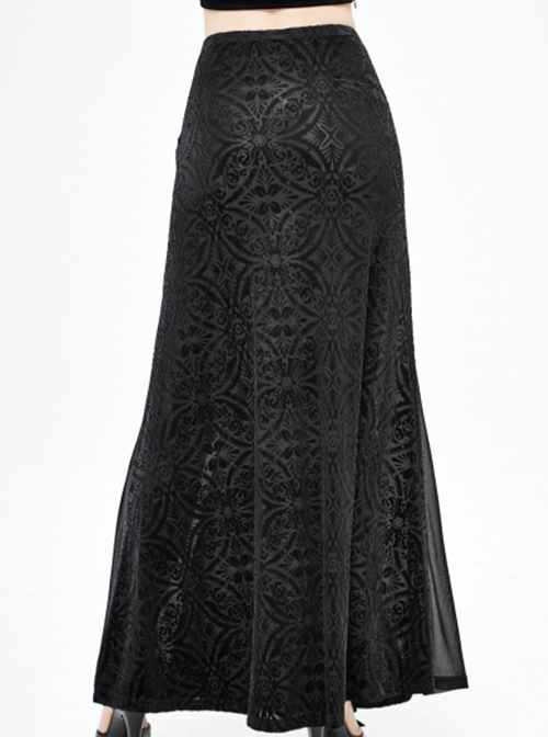 Gothic Style Gorgeous Velvet Pattern Splicing Slightly Transparent Elastic Mesh Fabric Front Center Cross Pattern Black Long Skirt