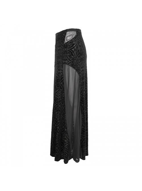 Gothic Style Gorgeous Velvet Pattern Splicing Slightly Transparent Elastic Mesh Fabric Front Center Cross Pattern Black Long Skirt