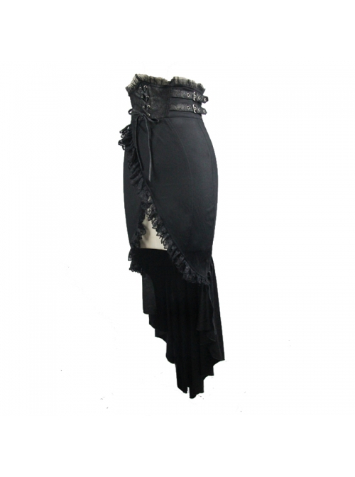 Punk Style Asymmetrical Elastic Thin Front Middle Eyelet Rope With Invisible Zipper Black Half Slit Tight Skirt