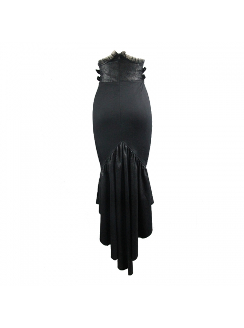 Punk Style Asymmetrical Elastic Thin Front Middle Eyelet Rope With Invisible Zipper Black Half Slit Tight Skirt