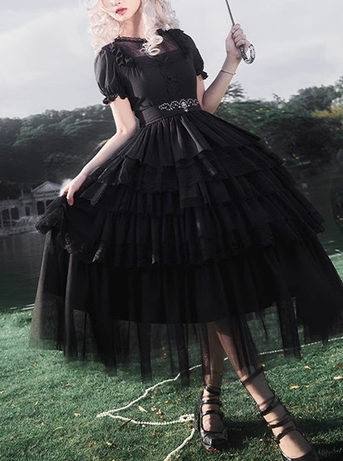 Ivory Tower Series Elegant Puff Sleeves Black Ribbon Bowknot Lace Classic Lolita Fluffy Five-Section Ruffles Dress