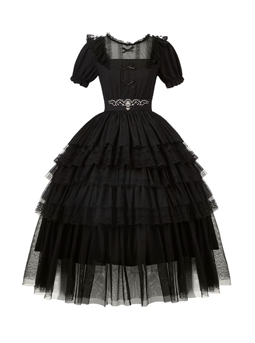 Ivory Tower Series Elegant Puff Sleeves Black Ribbon Bowknot Lace Classic Lolita Fluffy Five-Section Ruffles Dress