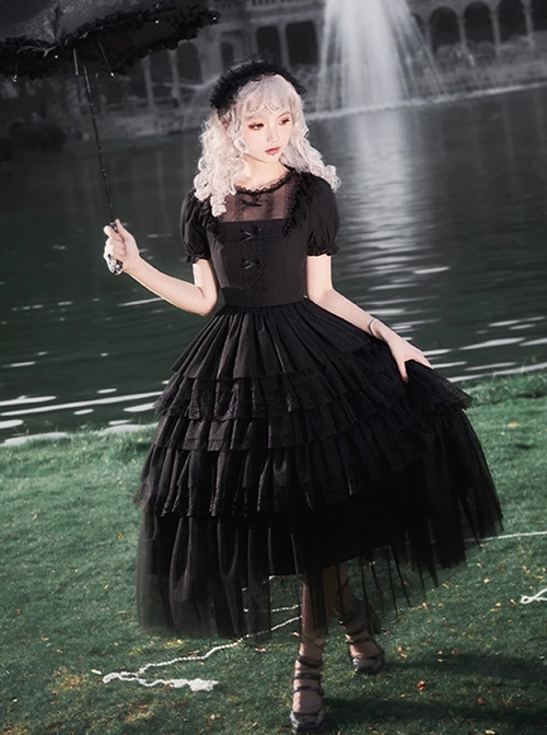 Ivory Tower Series Elegant Puff Sleeves Black Ribbon Bowknot Lace Classic Lolita Fluffy Five-Section Ruffles Dress