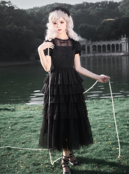 Ivory Tower Series Elegant Puff Sleeves Black Ribbon Bowknot Lace Classic Lolita Fluffy Five-Section Ruffles Dress