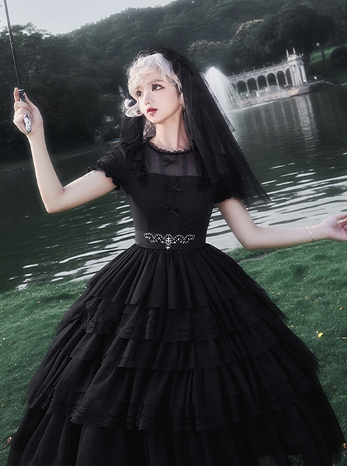 Ivory Tower Series Elegant Puff Sleeves Black Ribbon Bowknot Lace Classic Lolita Fluffy Five-Section Ruffles Dress