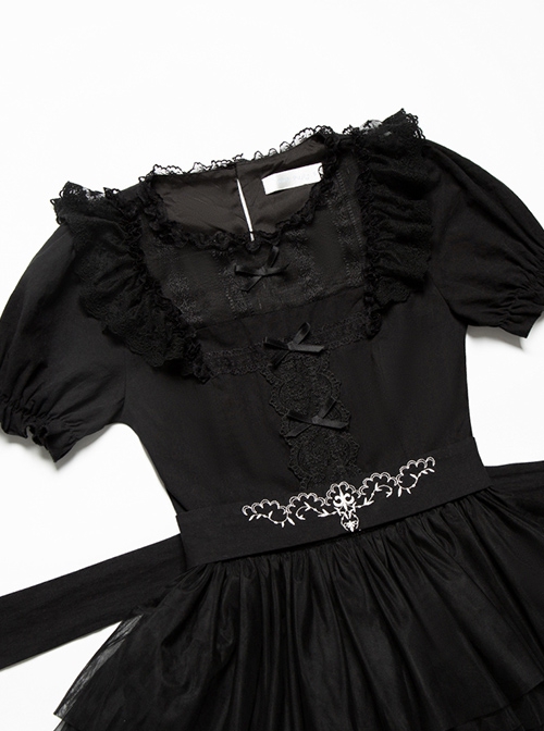 Ivory Tower Series Elegant Puff Sleeves Black Ribbon Bowknot Lace Classic Lolita Fluffy Five-Section Ruffles Dress