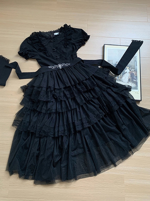 Ivory Tower Series Elegant Puff Sleeves Black Ribbon Bowknot Lace Classic Lolita Fluffy Five-Section Ruffles Dress