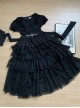 Ivory Tower Series Elegant Puff Sleeves Black Ribbon Bowknot Lace Classic Lolita Fluffy Five-Section Ruffles Dress