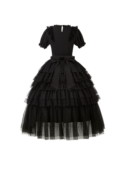 Ivory Tower Series Elegant Puff Sleeves Black Ribbon Bowknot Lace Classic Lolita Fluffy Five-Section Ruffles Dress