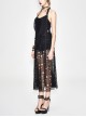 Punk Style Hole Knit Adjustable Halter Neck Splicing Skull Mesh Black Sexy Backless Long Skirt