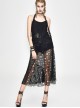 Punk Style Hole Knit Adjustable Halter Neck Splicing Skull Mesh Black Sexy Backless Long Skirt