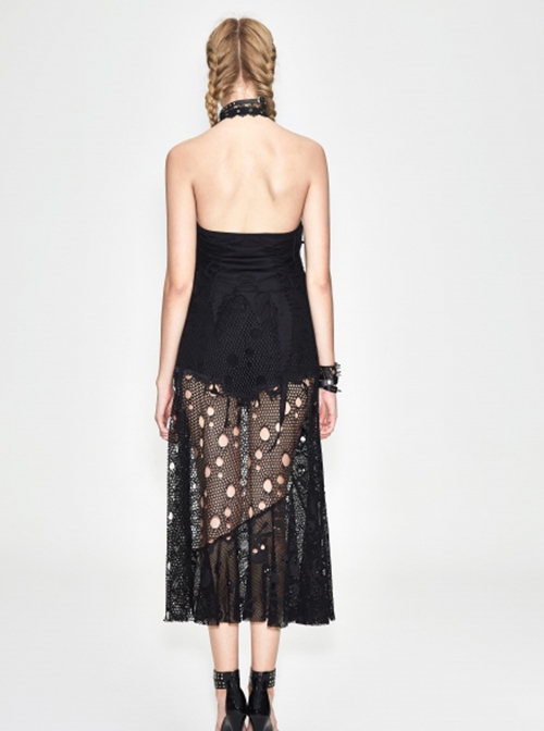 Punk Style Hole Knit Adjustable Halter Neck Splicing Skull Mesh Black Sexy Backless Long Skirt