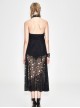 Punk Style Hole Knit Adjustable Halter Neck Splicing Skull Mesh Black Sexy Backless Long Skirt