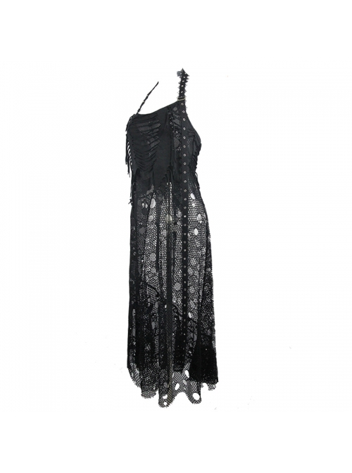 Punk Style Hole Knit Adjustable Halter Neck Splicing Skull Mesh Black Sexy Backless Long Skirt