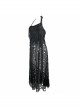 Punk Style Hole Knit Adjustable Halter Neck Splicing Skull Mesh Black Sexy Backless Long Skirt