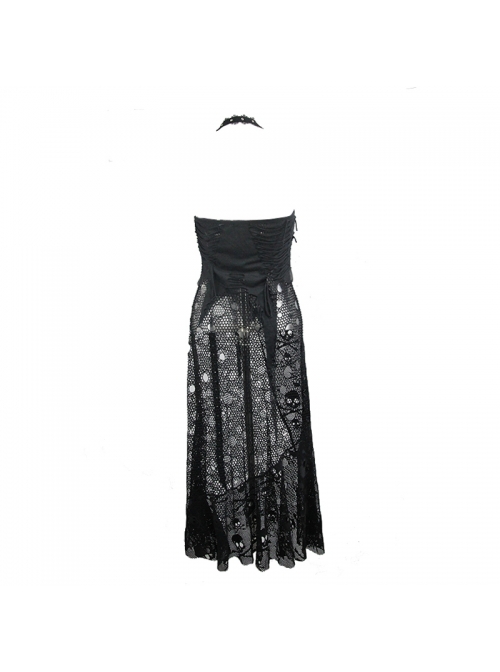 Punk Style Hole Knit Adjustable Halter Neck Splicing Skull Mesh Black Sexy Backless Long Skirt