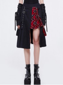 Punk Style Pleated Grid Pattern Woven Center Front Metal Eyelet Decoration Black And Red Skirt