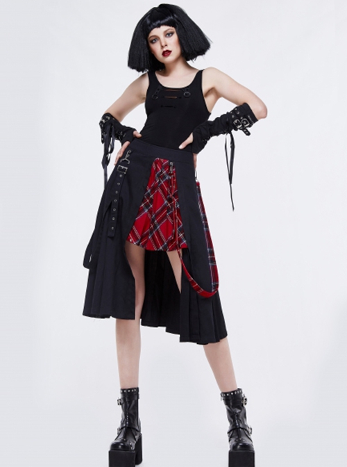 Punk Style Pleated Grid Pattern Woven Center Front Metal Eyelet Decoration Black And Red Skirt