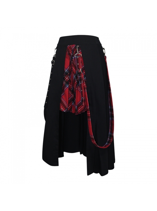 Punk Style Pleated Grid Pattern Woven Center Front Metal Eyelet Decoration Black And Red Skirt