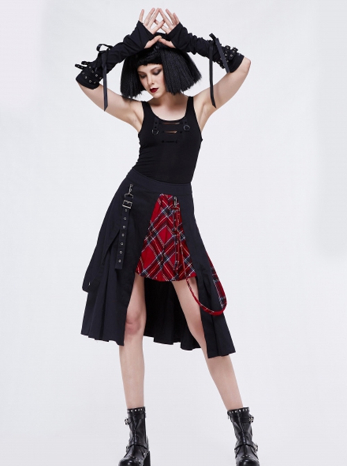 Punk Style Pleated Grid Pattern Woven Center Front Metal Eyelet Decoration Black And Red Skirt