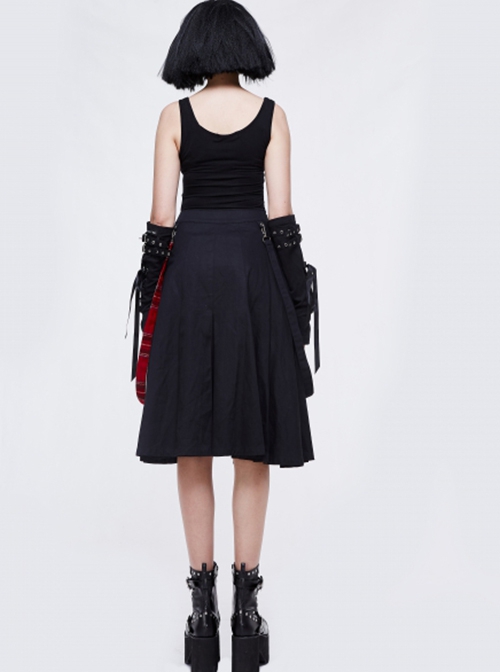 Punk Style Pleated Grid Pattern Woven Center Front Metal Eyelet Decoration Black And Red Skirt