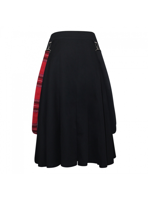 Punk Style Pleated Grid Pattern Woven Center Front Metal Eyelet Decoration Black And Red Skirt