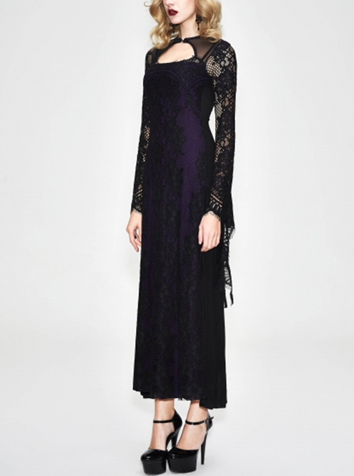 Gothic Style Gorgeous Positioning Lace Stitching Pure Cotton Knitted Cuffs Hollow Lace Design Black Purple Backless Long Sleeve Dress