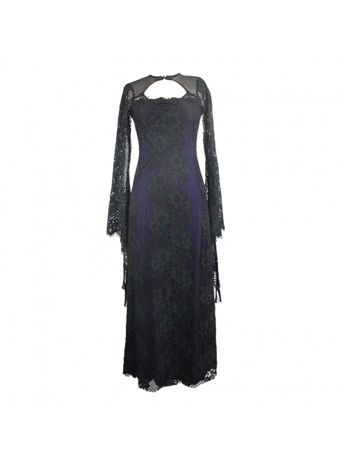 Gothic Style Gorgeous Positioning Lace Stitching Pure Cotton Knitted Cuffs Hollow Lace Design Black Purple Backless Long Sleeve Dress