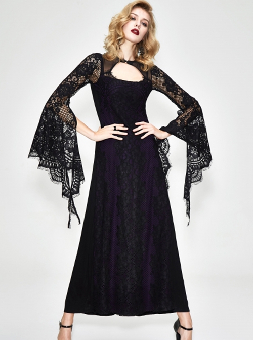 Gothic Style Gorgeous Positioning Lace Stitching Pure Cotton Knitted Cuffs Hollow Lace Design Black Purple Backless Long Sleeve Dress