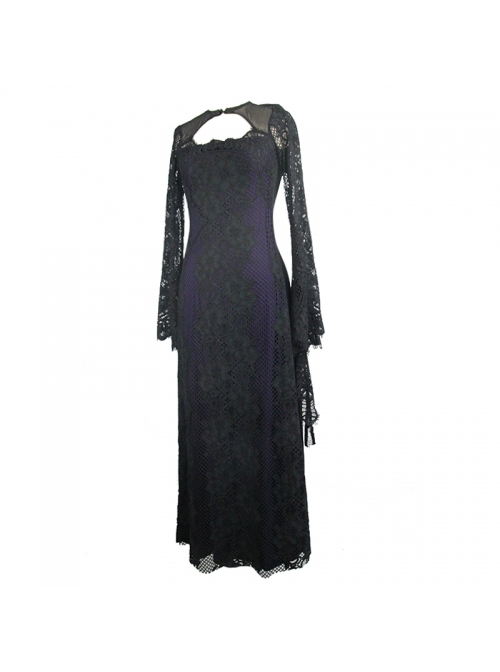 Gothic Style Gorgeous Positioning Lace Stitching Pure Cotton Knitted Cuffs Hollow Lace Design Black Purple Backless Long Sleeve Dress