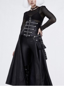 Gothic Style Faux Leather Adjustable Zipper Side Pockets Back Tie Black Waist Skirt