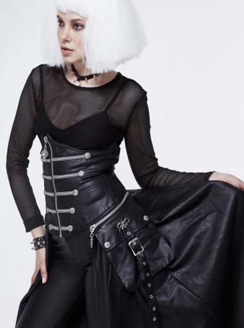 Gothic Style Faux Leather Adjustable Zipper Side Pockets Back Tie Black Waist Skirt