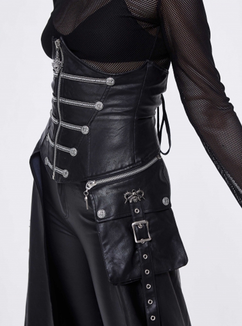 Gothic Style Faux Leather Adjustable Zipper Side Pockets Back Tie Black Waist Skirt