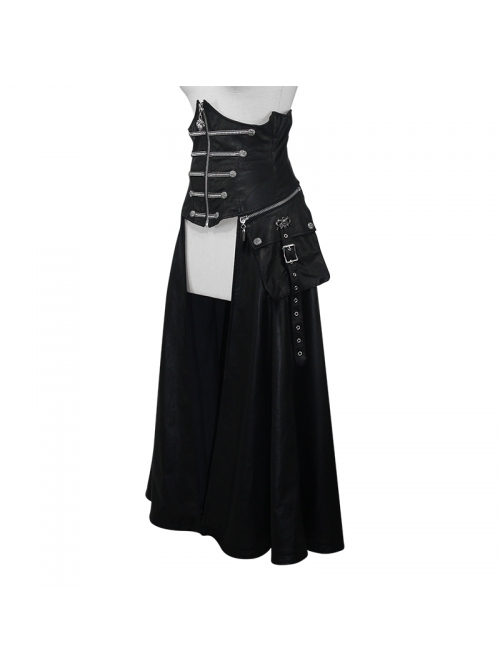 Gothic Style Faux Leather Adjustable Zipper Side Pockets Back Tie Black Waist Skirt