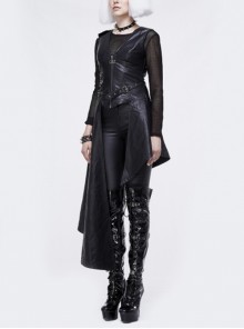 Punk Style Asymmetrical Faux Leather Hem Eyelet Ties With Metal Rivets Embellished Black Vest