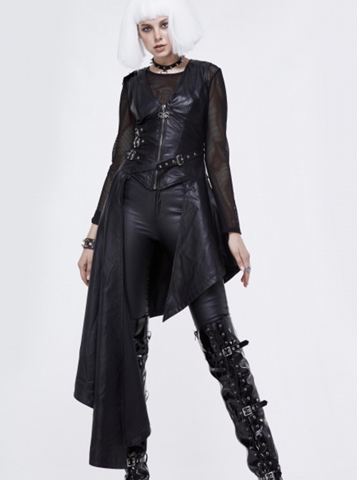 Punk Style Asymmetrical Faux Leather Hem Eyelet Ties With Metal Rivets Embellished Black Vest