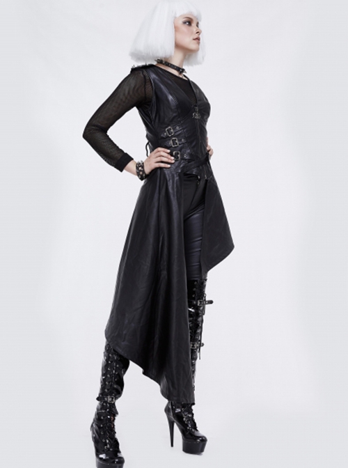 Punk Style Asymmetrical Faux Leather Hem Eyelet Ties With Metal Rivets Embellished Black Vest