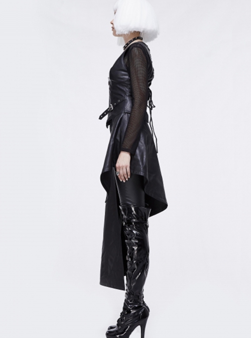 Punk Style Asymmetrical Faux Leather Hem Eyelet Ties With Metal Rivets Embellished Black Vest