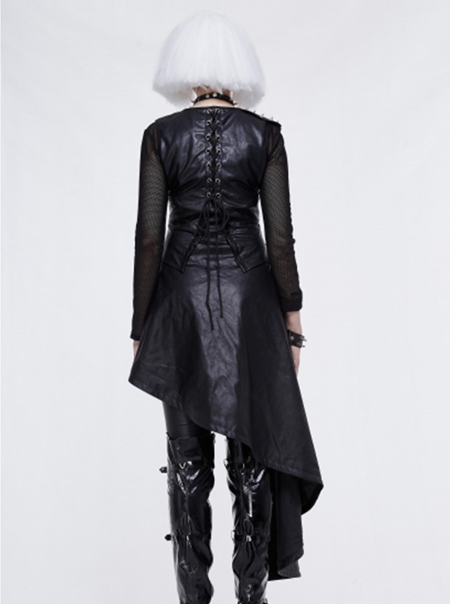 Punk Style Asymmetrical Faux Leather Hem Eyelet Ties With Metal Rivets Embellished Black Vest