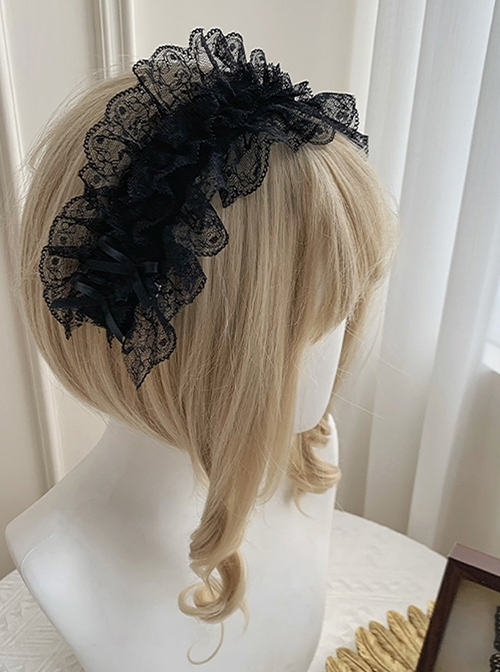 Ivory Tower Series Elegant French Ribbon Bowknot Classic Lolita Black Embroidery Lace Ribbon Headband