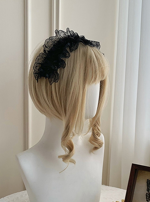 Ivory Tower Series Elegant French Ribbon Bowknot Classic Lolita Black Embroidery Lace Ribbon Headband