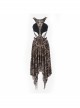 Gothic Style Sexy Flocking Print Splicing Elastic Knitted Front Center Slightly Transparent Pointed Hem Brown Hollow Sleeveless Dress