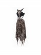 Gothic Style Sexy Flocking Print Splicing Elastic Knitted Front Center Slightly Transparent Pointed Hem Brown Hollow Sleeveless Dress