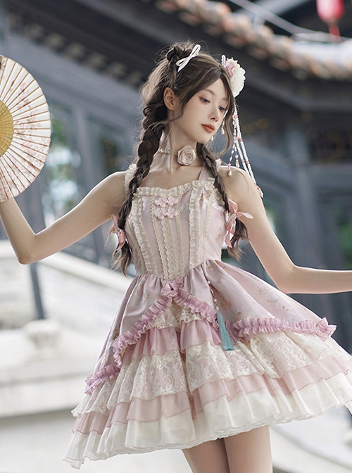 Flower Journey Series Elegant Chinoiserie Pink Lace Ruffles Sweet Lolita Tube Top Slip Dress Rose Necklace Set