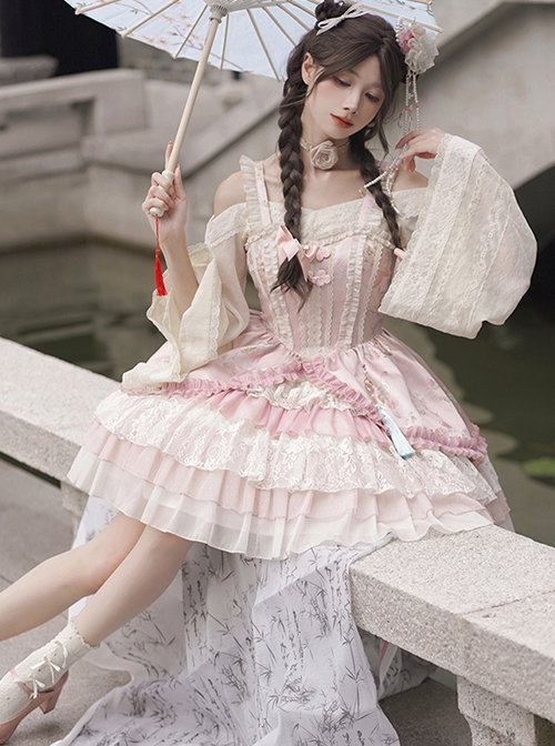 Flower Journey Series Elegant Chinoiserie Pink Lace Ruffles Sweet Lolita Tube Top Slip Dress Rose Necklace Set