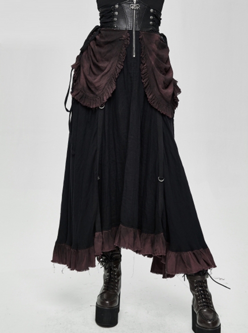 Punk Style Vintage Burgundy Pleated Layered Fabric Waist Stitching Leather Adjustable Drawstring Black Skirt