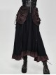 Punk Style Vintage Burgundy Pleated Layered Fabric Waist Stitching Leather Adjustable Drawstring Black Skirt